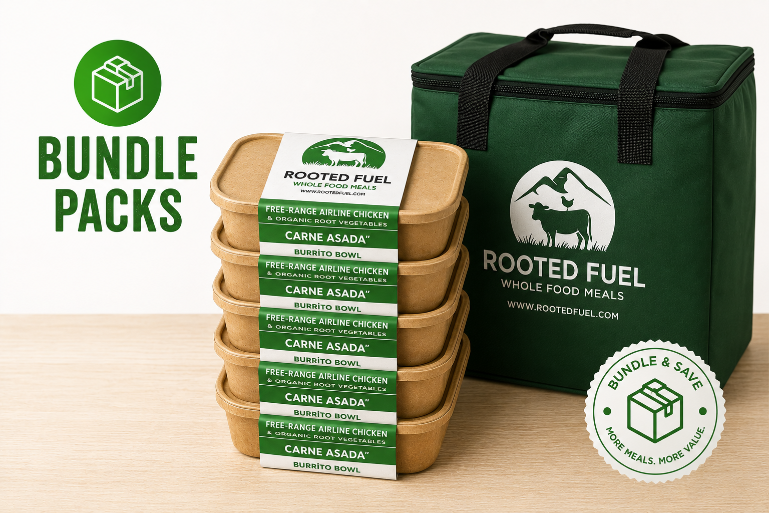 Rooted Fuel bundle pack with five meal prep containers and branded delivery bag